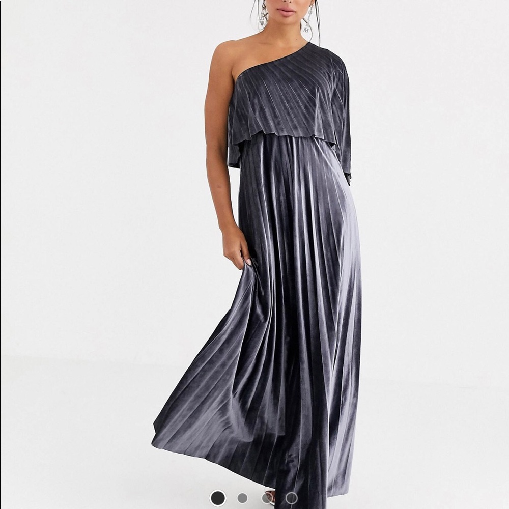ASOS DESIGN One Shoulder Pleated Velvet Gray Silver Maxi Dress Size 4